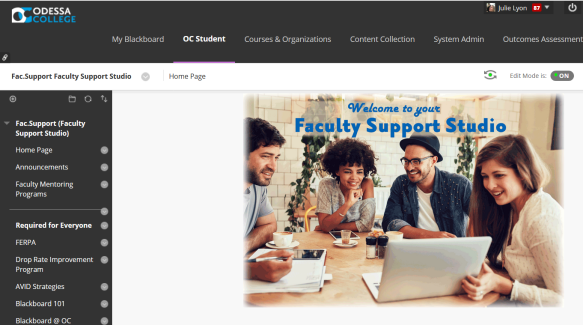 Screen image of Faculty Support Studio course in Blackboard Learning Management System